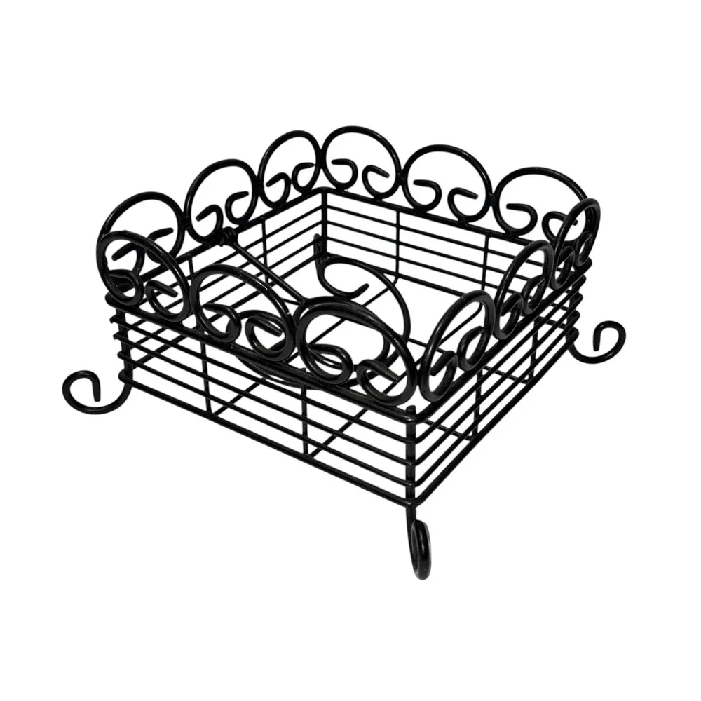 Black Wrought Iron Napkin Holder Square Scrollwork Metal Weighted Arm Farmhouse